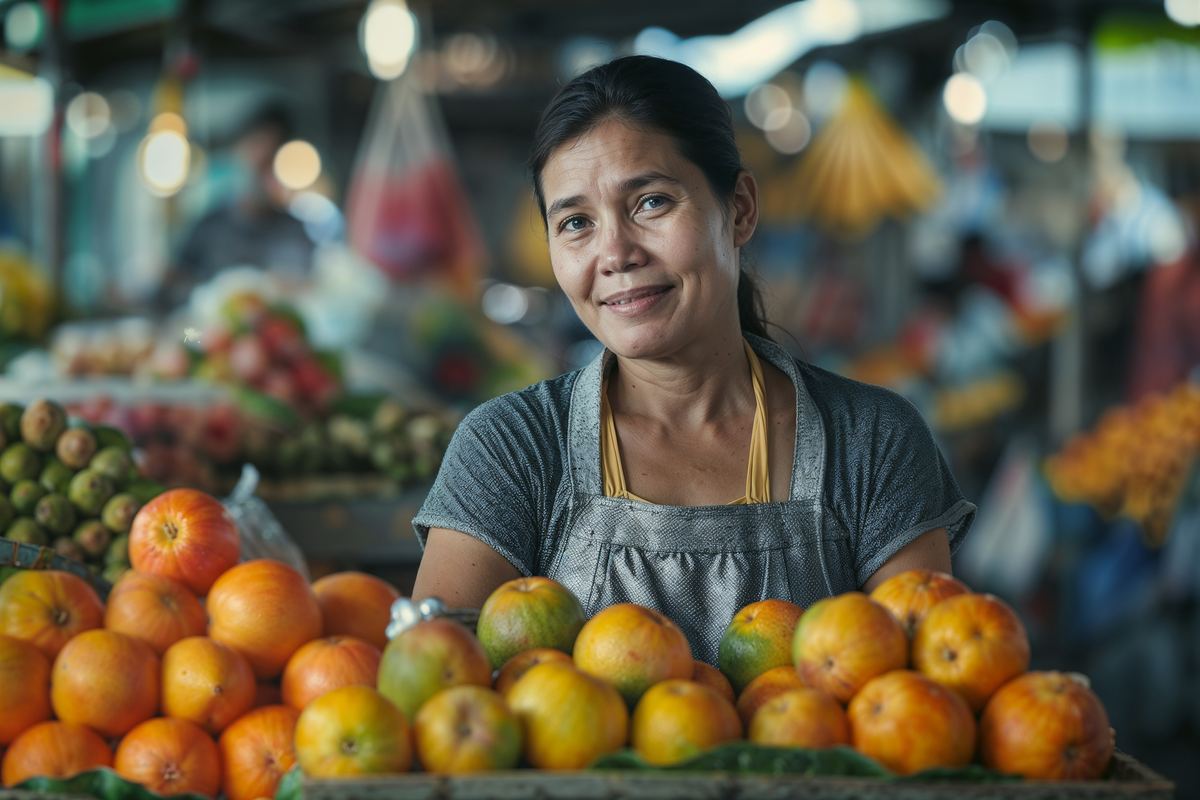 Emprendedora en su puesto de frutas del mercado